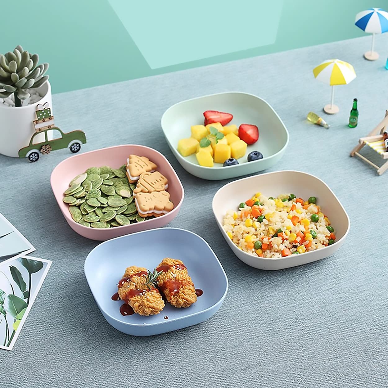 Dadamong 8Pcs Square Wheat Straw Plates Deep Dinner Dishes 5.7 Inches Unbreakable Tableware For Noodle Rice Fruit Cereal Dessert